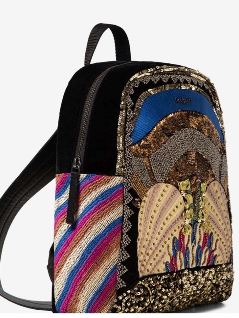 Desigual Treasure Venice Mini Backpack Black Velvet Embroidery Sequin Beads NWOT